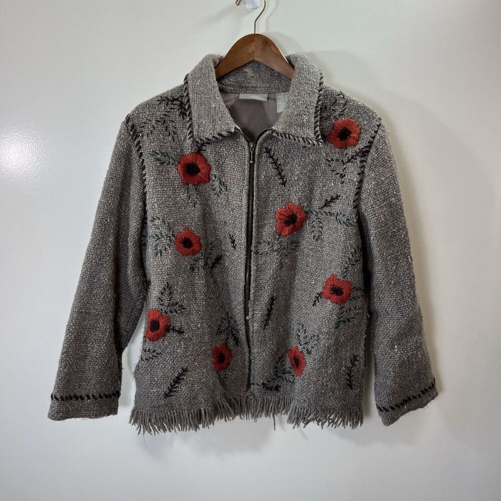 IVY Women’s Wool Blend Embroidered Cardigan Size S Gray Multicolor Floral Artsy‎